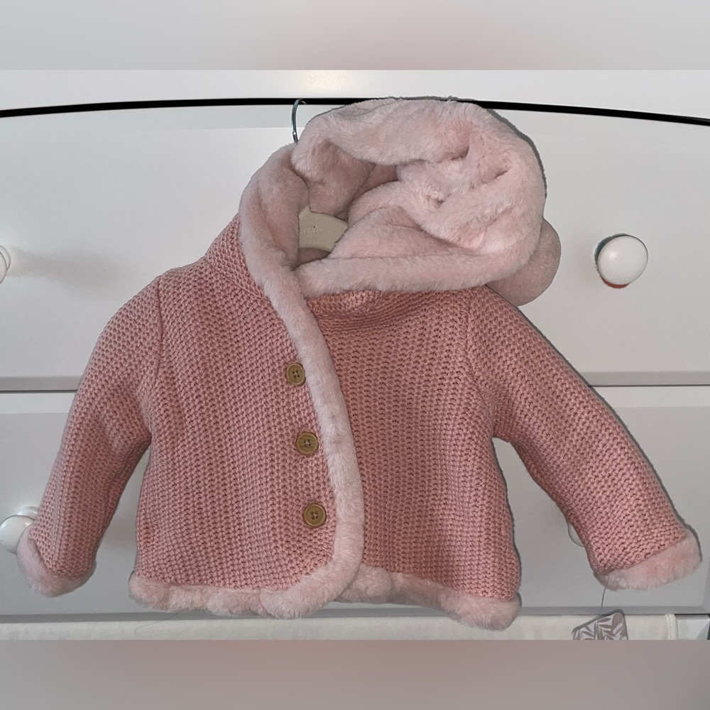Tommy Bahama Baby Pink Knit Faux Fur Jacket Hoodie NWT (3–6M)